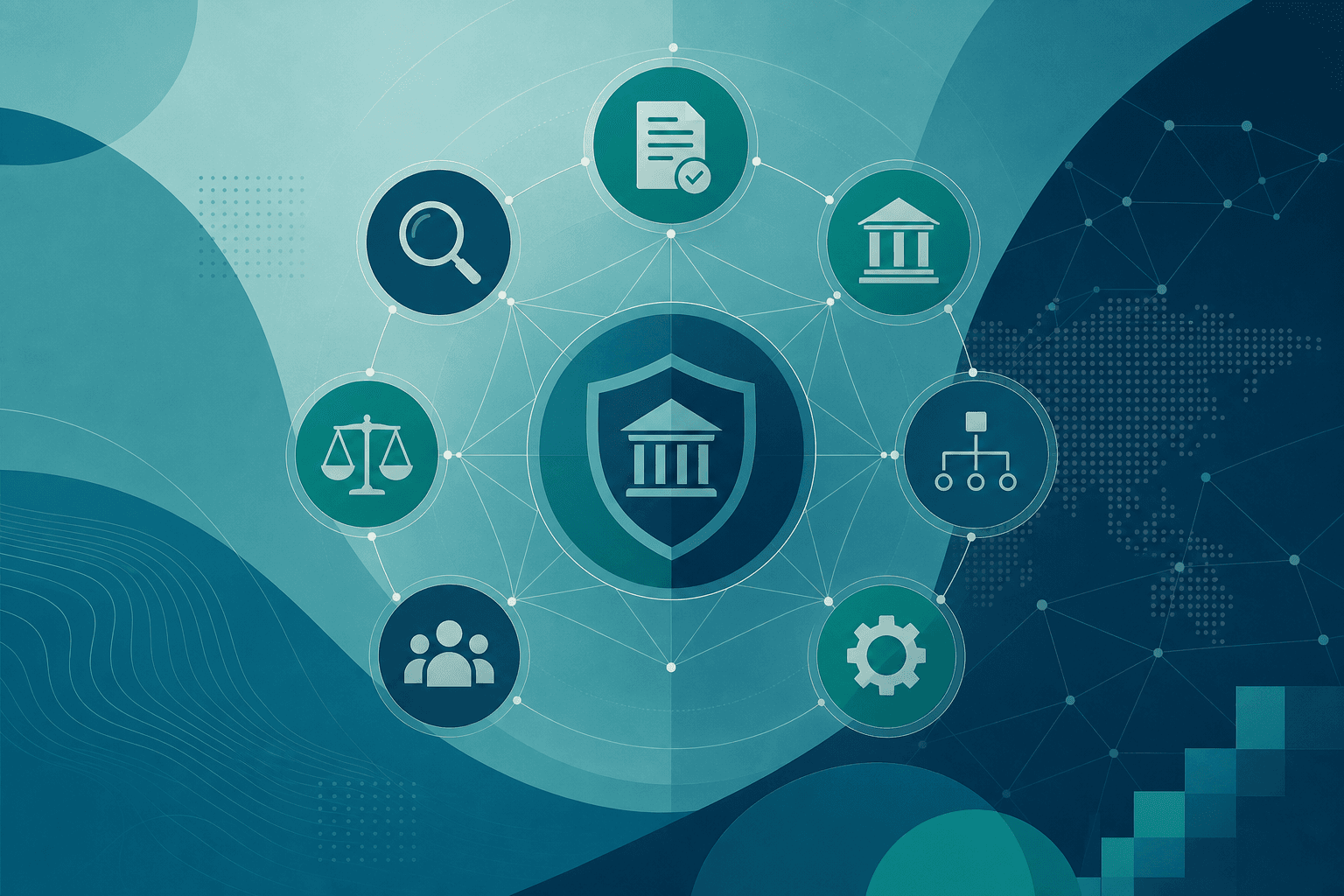 Abstract illustration of seven connected regulatory governance essentials